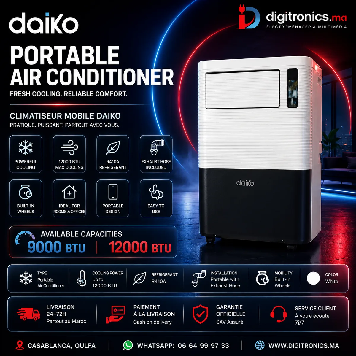 Climatiseur mobile Daiko 9000 BTU R410A (PACW09R410XK)