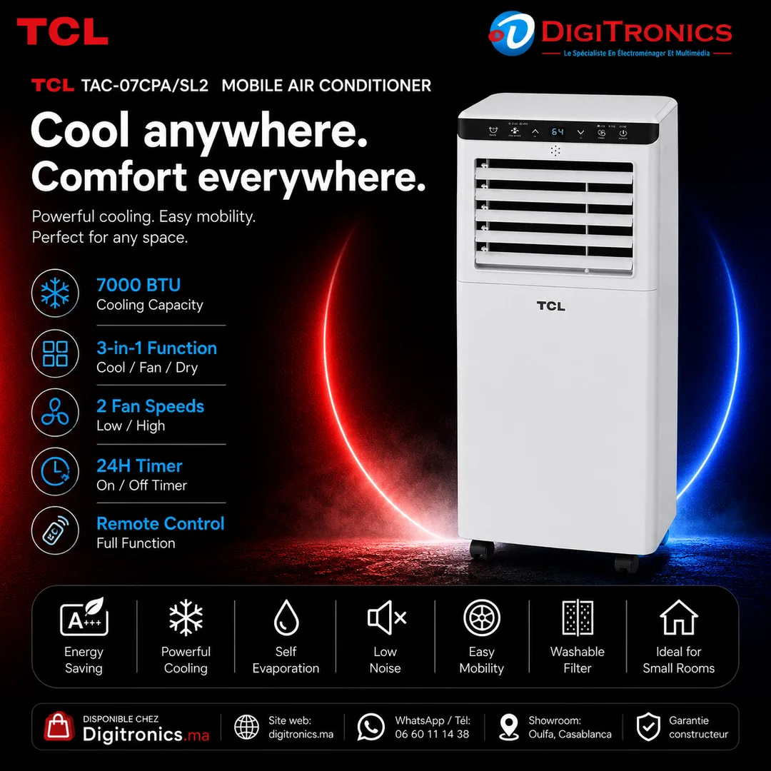 Climatiseur Mobile TCL 7000 BTU 3-en-1 (TAC-07CPA/SL2)